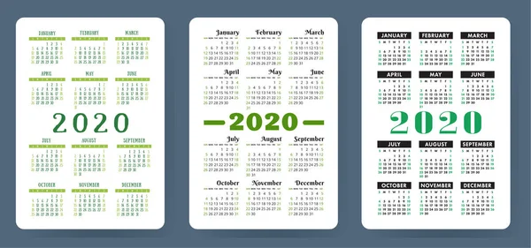 Calendario 2020 Set Vettoriale Colore Collezione Calendario Tascabile Settimana Inizia — Vettoriale Stock