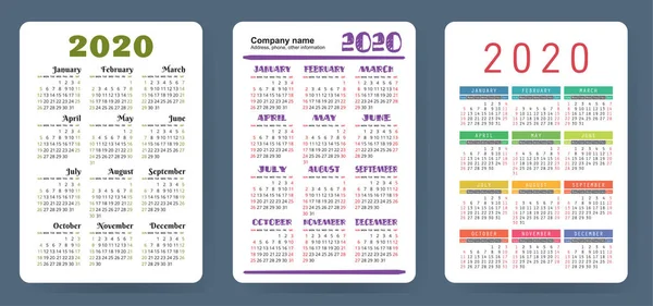 Kalendář 2020 Barevný Vektor Nastaven Kolekce Kapesního Kalendáře Týden Začíná — Stockový vektor