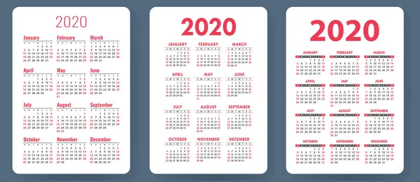 Ημερολόγιο 2020 Πολύχρωμο Διανυσματικό Σύνολο Συλλογή Ημερολογίου Τσέπης Εβδομάδα Αρχίζει — Διανυσματικό Αρχείο