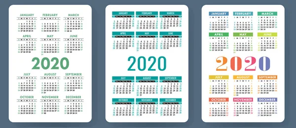 Kalendář 2020 Barevný Vektor Nastaven Kolekce Kapesního Kalendáře Týden Začíná — Stockový vektor