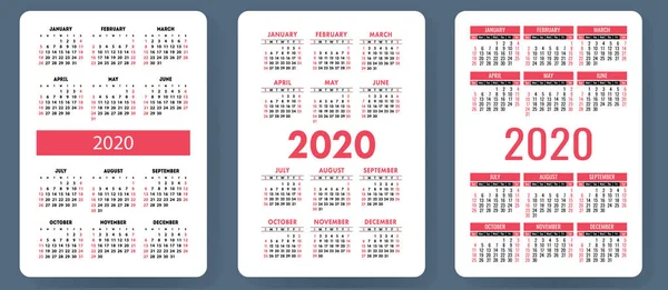 Календар 2020 Року Барвистий Векторний Набір Колекція Кишенькових Календарів Тиждень — стоковий вектор