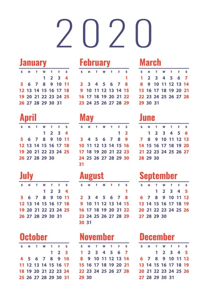 Calendar 2020 Year Vector Design Template English Vertical Pocket Calender — Stock vektor