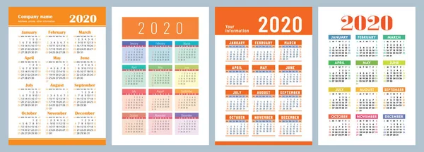 Календар 2020 Векторний Дизайн Шаблону Англійський Календар Барвистий Тиждень Починається — стоковий вектор