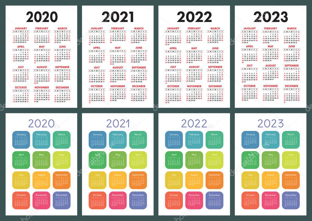 Cpp Calendar 2022 23 ✓ Calendar 2020, 2021, 2022 And 2023. English Color Vector Set. Vertical  Wall Or Pocket Calender Template. Golorful Big Design Collection. New Year.  Week Starts On Sunday Premium Vector In Adobe Illustrator