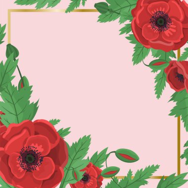 Düğün davetiyesi için çiçek çerçevesi. Haşhaş çiçeği. Vektör isteği