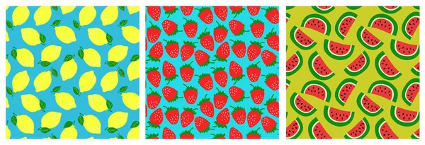 Melon d'eau, fraise, citron. Ensemble de motifs sans couture aux fruits. Fashi ! — Image vectorielle