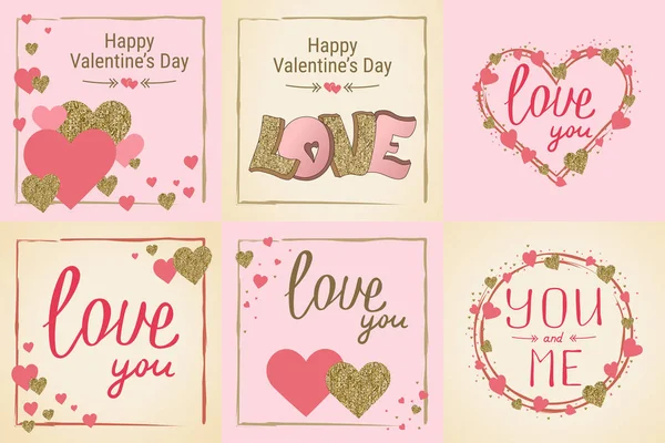 Glückliche Valentinstag Grußkarte Set. Liebe. gold und rosa col — Stockvektor