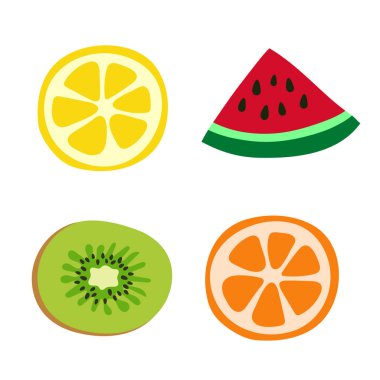 Portakal, kivi, karpuz, mandalina ve limon dilimi. Renkli meyve