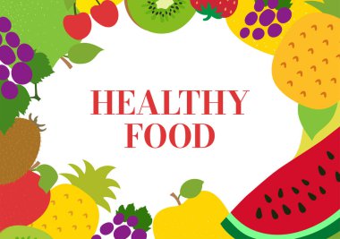 Fruits taslak menü çerçevesi. Sağlıklı yiyecekler. Renkli taze elma, üzüm