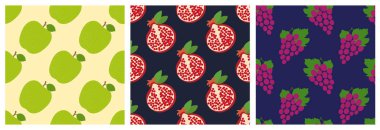 Elma, kepçe ve üzüm. Meyvesiz desen ayarlandı. Moda.