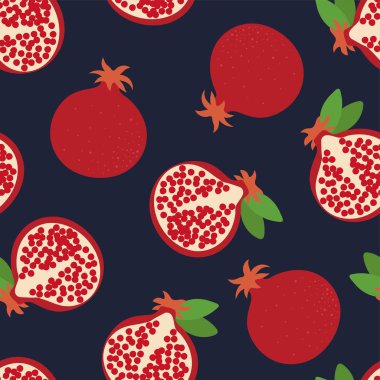 Garnet kusursuz desen. Elle çizilmiş taze nar. Vektör robot resim geçmişi. Renkli duvar kâğıdı. Egzotik tropikal meyve. Moda tasarımı. Mutfak masası örtüsü, perde ya da bulaşık bezi için yiyecek baskısı