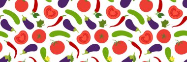 Sebzeler dikişsiz desen. Salatalık, patlıcan, domates ve biber. Paprika. El çizimi karalama vektörü çizimi. Sağlıklı gıda koleksiyonu. Vejetaryen ürünü. Vegan menüsü