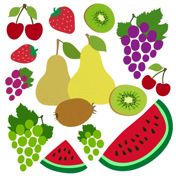 Wiśnia, winogrona, kiwi, arbuz, wesoły, gruszka i truskawka. Bądź — Wektor stockowy