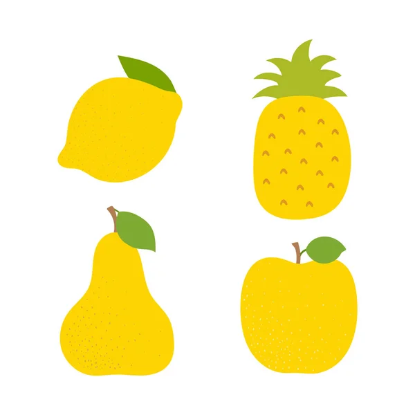 Citron, ananas, päron och äpple. Gula frukter. Handritad dood — Stock vektor