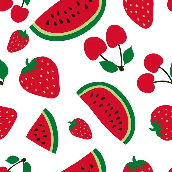 Watermelon, cherry and strawberry seamless pattern. Red berry. S — 스톡 벡터