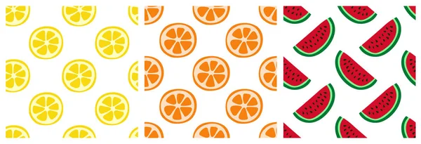 Conjunto de patrones sin costura de frutas tropicales. Naranja, limón y watermelo — Vector de stock