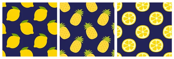 Tranches de citron et d'ananas et de citron. Ensemble de motifs sans couture aux fruits . — Image vectorielle