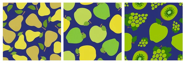Poire, pomme, raisin et kiwi. Ensemble de motifs sans couture aux fruits. Fashio — Image vectorielle