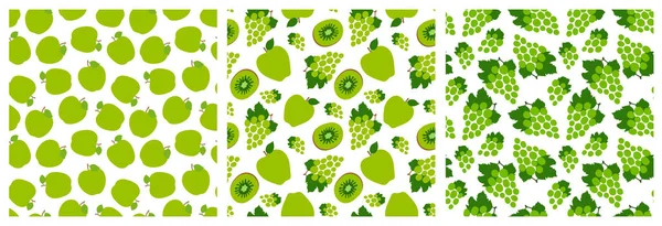 Green fruit seamless pattern set. Fashion design. Apple, grapes — Stock Vector