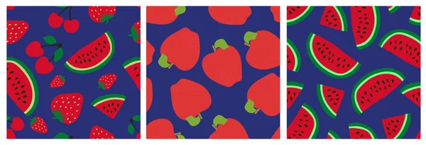 Melon d'eau, cerise, fraise et pomme. Modèle sans couture de fruits — Image vectorielle