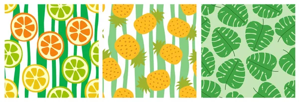 Conjunto de patrón sin costura tropical. Piña y monstera. Naranja, l — Vector de stock