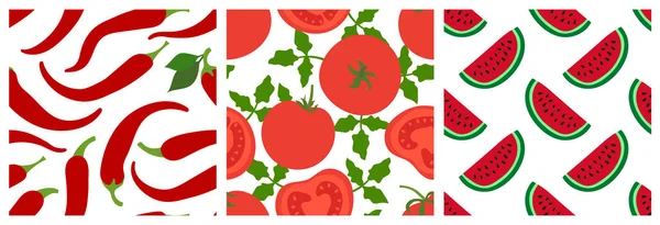 Poivre, tomate, pastèque. Fruits et légumes sans couture patte — Image vectorielle