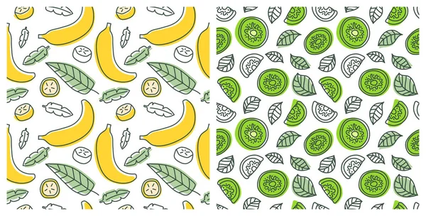 Conjunto de patrones sin costuras. Fruta jugosa. Banana, kiwi. Colón dibujado a mano — Archivo Imágenes Vectoriales