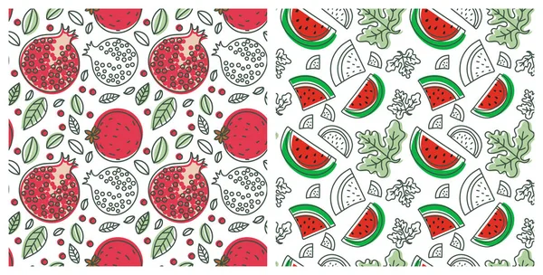 Seamless pattern set. Juicy fruit and berry collection. Watermel — Stock Vector