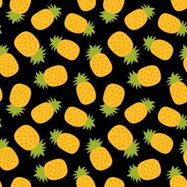 Ananaslı, pürüzsüz desen. El çizimi taze ananas. Vektör robot resim geçmişi. Renkli duvar kâğıdı. Egzotik tropikal meyve. Moda tasarımı. Mutfak masası örtüsü, perde ya da bulaşık bezi için yiyecek baskısı