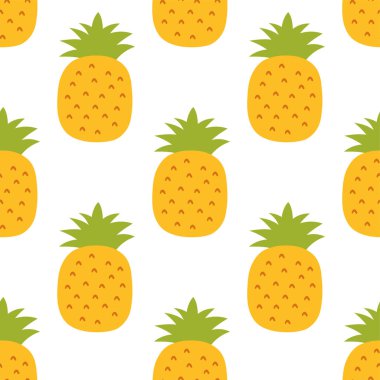 Ananaslı, pürüzsüz desen. El çizimi taze ananas. Vektör robot resim geçmişi. Renkli duvar kâğıdı. Egzotik tropikal meyve. Moda tasarımı. Mutfak masası örtüsü, perde ya da bulaşık bezi için yiyecek baskısı