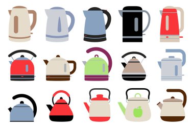 Elektrik ve gaz ısıtıcıları. Düz stil çaydanlıklar. Yemek takımı koleksiyonu