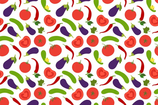 Vegetables seamless pattern. Tomato, cucumber, pepper, chili and — Stock Vector