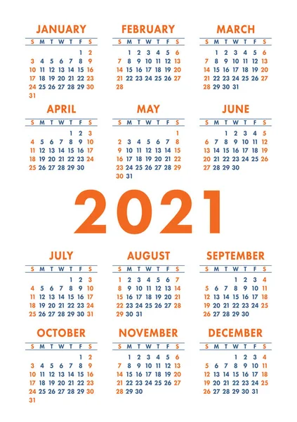 Calendar 2021 year. Vector pocket or wall calender template. Sim — Stock Vector