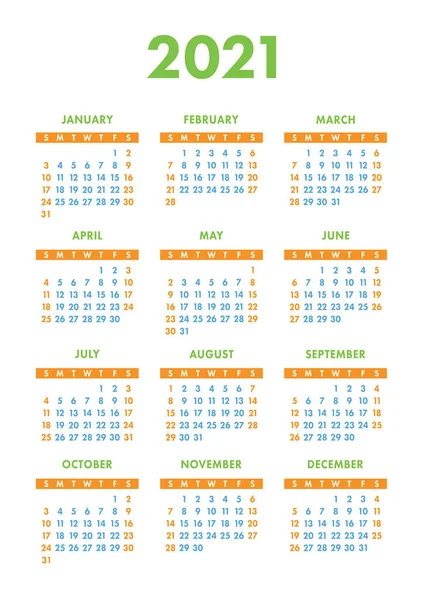 Kalender 2021 jaar. Vector zak of muur kalender sjabloon. Sim — Stockvector