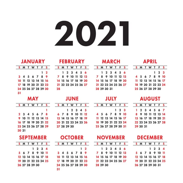 Englischer Kalender 2021. quadratische Vektorkalender-Design-Vorlage. w — Stockvektor