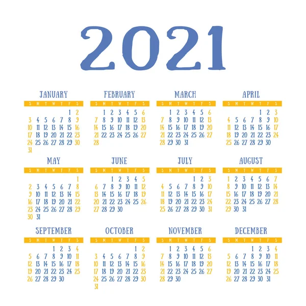 English calendar 2021. Square vector calender design template. W — Stock Vector