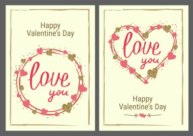 Valentine's day greeting card set. Gold and pink colors. Love yo