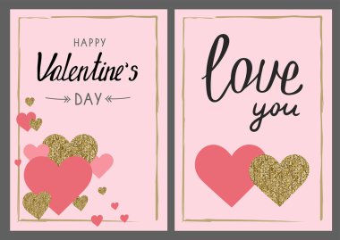 Valentine's day greeting card set. Gold and pink colors. Love yo