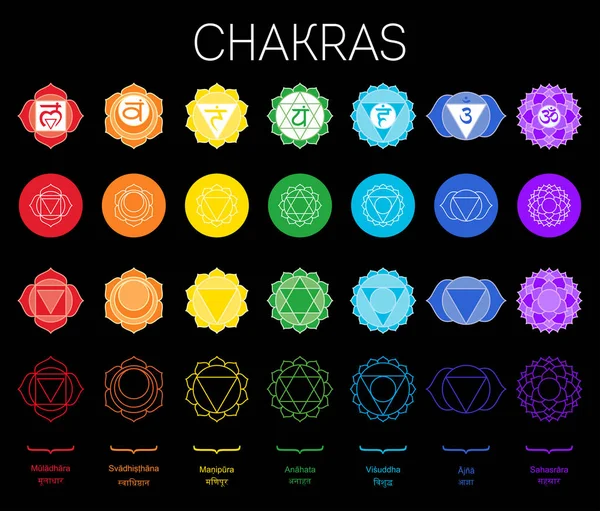 Set de chakras : muladhara, swadhisthana, manipura, anahata, vishudd — Image vectorielle