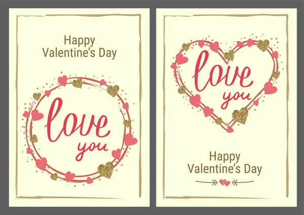 Valentine's day greeting card set. Gold and pink colors. Love yo — Stok Vektör