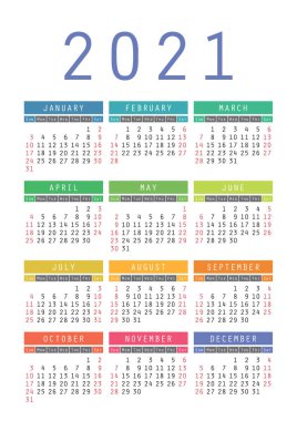 Takvim 2021. Vektör çocuğun cebi veya duvar takvimi şablonu