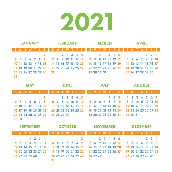 Engelse kalender 2021. Vierkante vector kalender ontwerp template. W — Stockvector