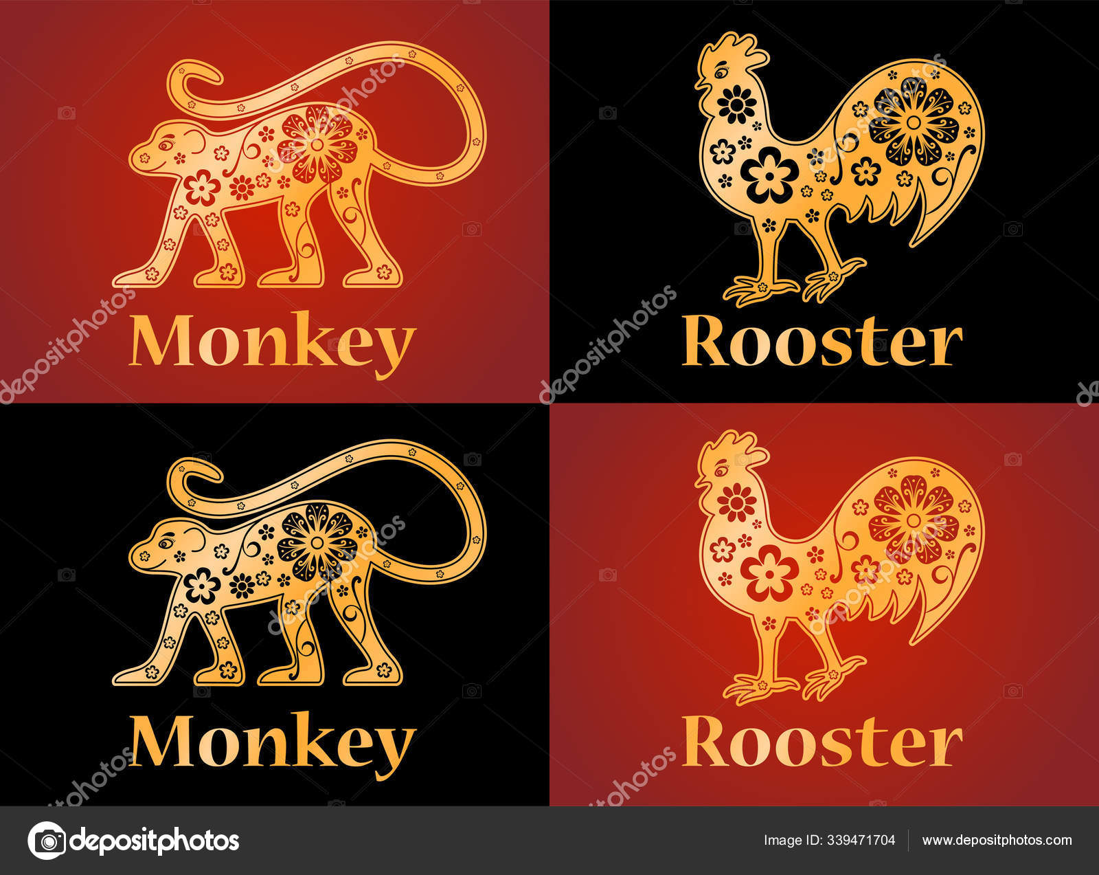 Monkey, rooster, symbols of the Chinese horoscope 2028, 2029 yea Stock Vector by ©ra.khusnullina