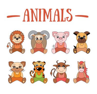 Animal set. Lion, sheep, pig, dog, cat, tiger, caw, horse, pet, 
