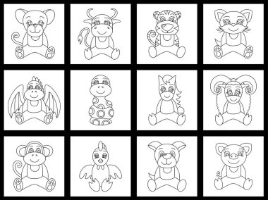 Coloring book. Chinese horoscope. Vector line cartoon animals: R
