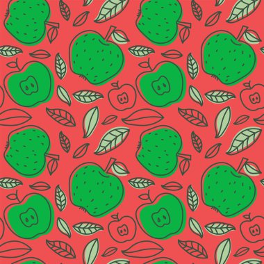 Elma pürüzsüz desen. El çizimi taze meyve. Çok renkli vec