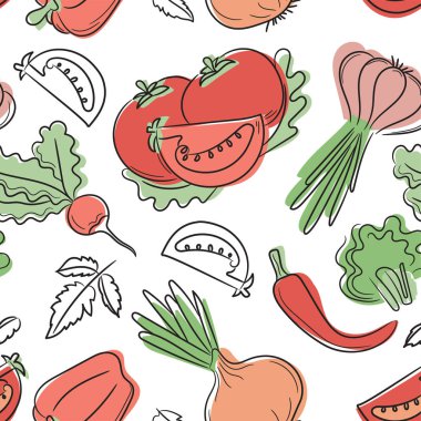 Sebzeler dikişsiz desen. El yapımı taze domates, biber, ra