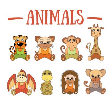 Hayvan seti. Vahşi ve çiftlik. Kaplan, kedi, maymun, zürafa, ejderha, 