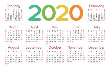 Takvim 2020 vektör cep temel ızgara. Basit tasarım şablonu