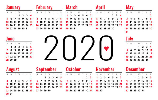 Calendar 2020 vector pocket basic grid. Simple design template